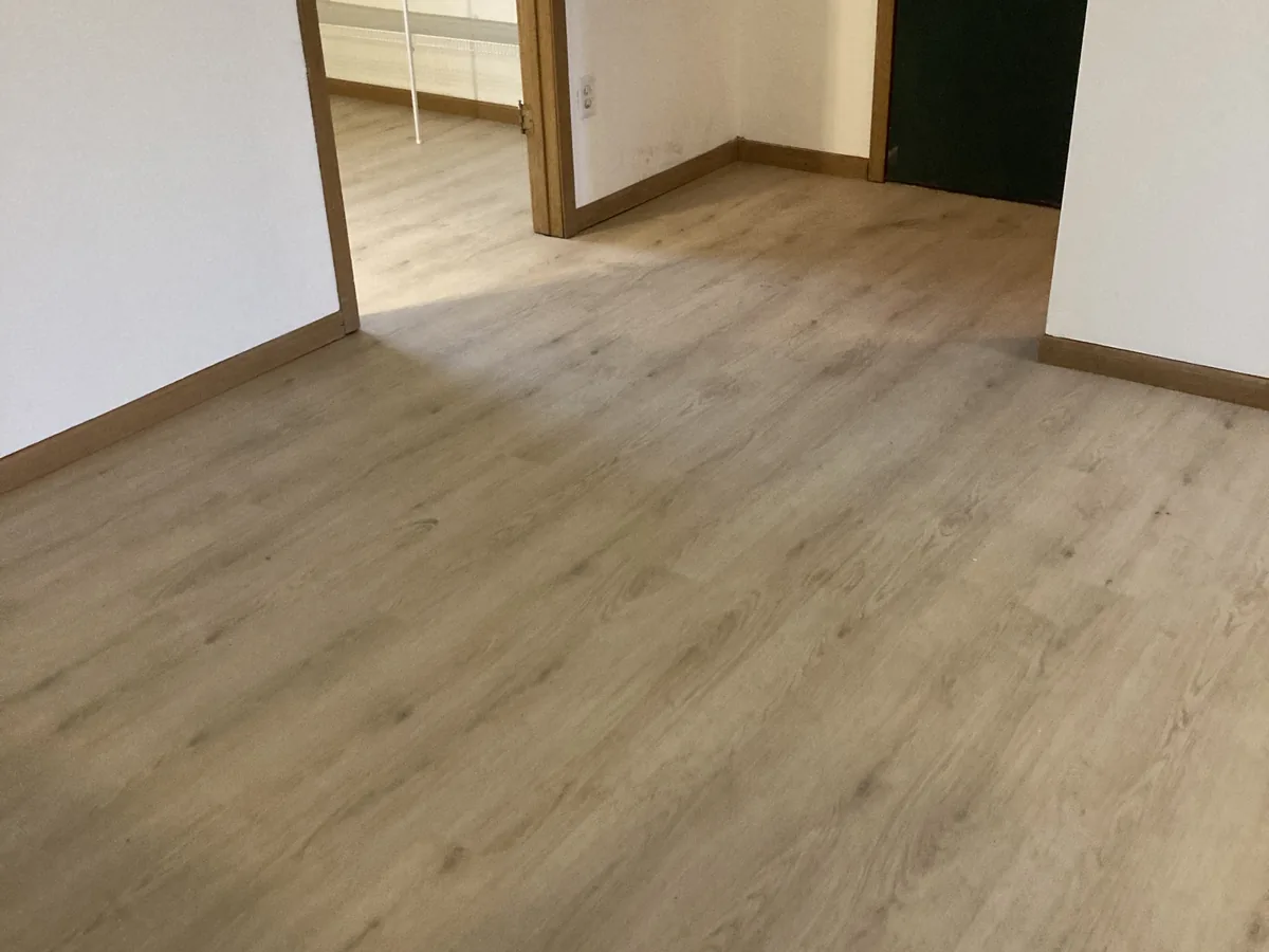 New vinyl plank flooring running through a doorway into an adjoining hall